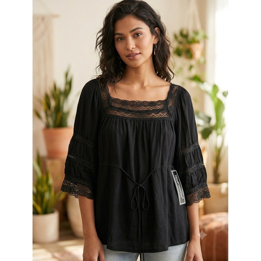 Whimsigoth Goth Vamp Dark Fairy Lace Tiered Bell Sleeves Peasant Top Black L